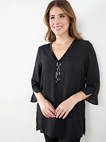 Three-Quarter Sleeve Sequin Trim Tunic Blouse