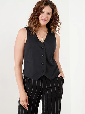 Black Button Front Vest Scuba Crepe