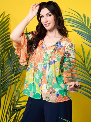 Ruffled Coral Multi Print Kimono Sleeve Blouse