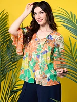 Ruffled Coral Multi Print Kimono Sleeve Blouse