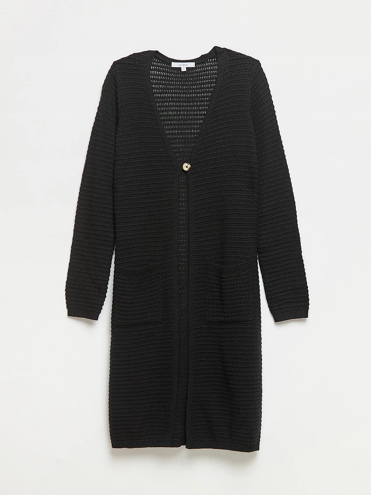 Long Textured Black Cardigan Sweater