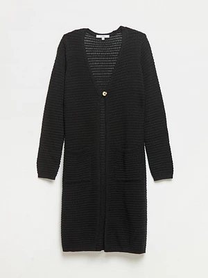 Long Textured Black Cardigan Sweater