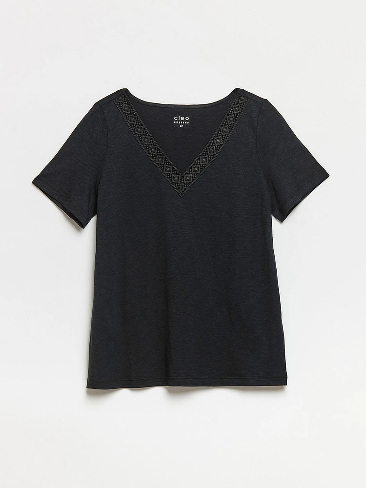 Petite Short Sleeve Black Crochet V-Neck T-Shirt