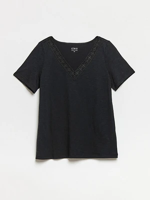 Petite Short Sleeve Black Crochet V-Neck T-Shirt