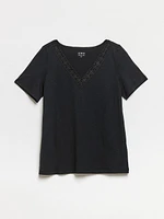Petite Short Sleeve Black Crochet V-Neck T-Shirt
