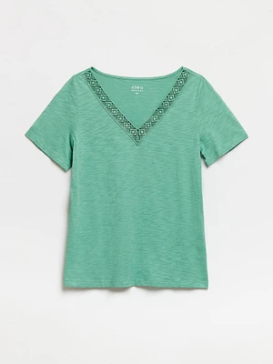 Petite Short Sleeve Sage Crochet V-Neck T-Shirt