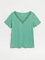 Petite Short Sleeve Sage Crochet V-Neck T-Shirt