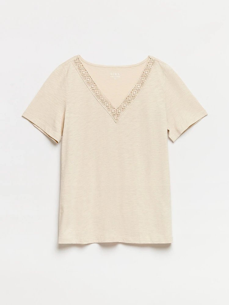 Petite Short Sleeve Sand Crochet V-Neck T-Shirt