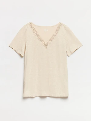 Petite Short Sleeve Sand Crochet V-Neck T-Shirt