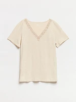 Petite Short Sleeve Sand Crochet V-Neck T-Shirt