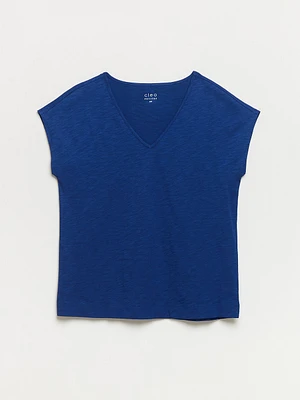 Petite Relaxed Cobalt V-neck T-Shirt