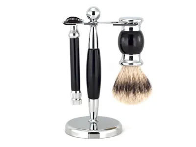 Ice Safety Razor Set 3-Piece with Silvertip Brush - Black (ISET-SB -3PC-BLK)