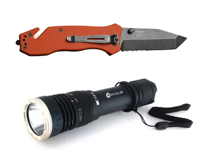 Black Tusk Rescue Knife Orange + Favourlight Sirius Rechargeable Flashlight (WEB20)