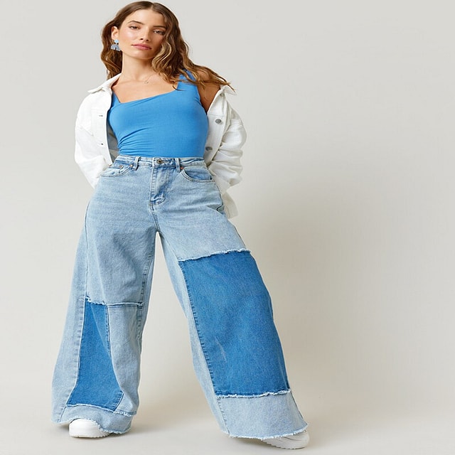 Francesca's Mia Baggy Wide-leg Patchwork Jeans