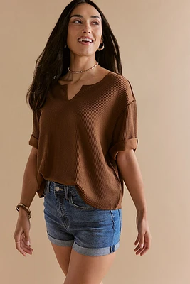 Cathy Slouchy Rib Knit Notch Tee
