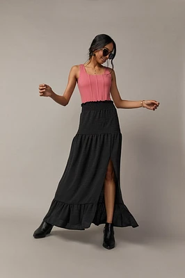 Shelly Ruffle Waist Tiered Slit Maxi Skirt