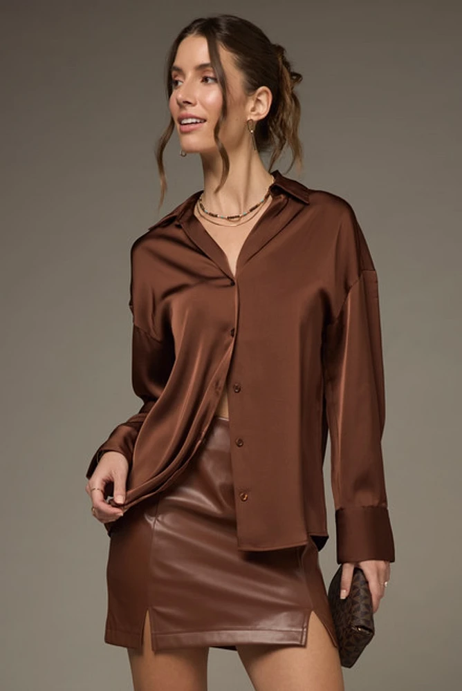 Nora Drop Shoulder Satin Button Down Shirt