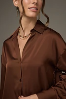 Nora Drop Shoulder Satin Button Down Shirt