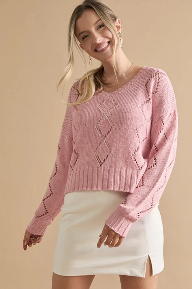 Sheri Long Sleeve Diamond Pattern Pointelle Pullover