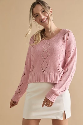 Sheri Long Sleeve Diamond Pattern Pointelle Pullover