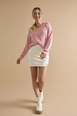 Sheri Long Sleeve Diamond Pattern Pointelle Pullover