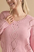 Sheri Long Sleeve Diamond Pattern Pointelle Pullover