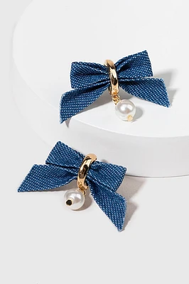 Trina Denim Bow With Pearl Drop Earrings