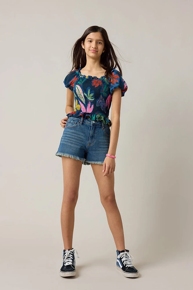 Hello Franki Puff Sleeve Tropical Print Smocked Blouse for girls