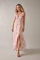 Marie Flutter Shoulder Bow Back Floral Maxi Dress