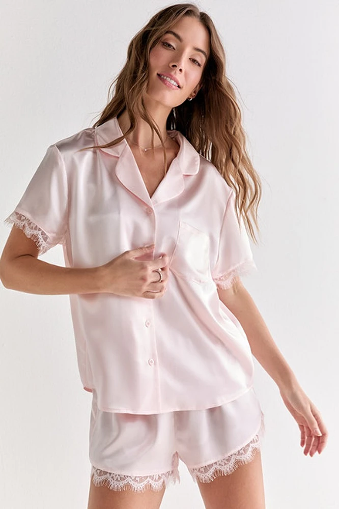 Emilia Short Sleeve Lace Trim Satin PJ Set