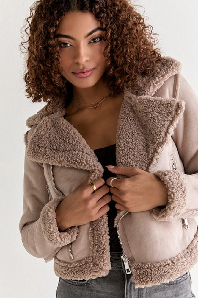 Alisa Faux Suede Sherpa Moto Jacket