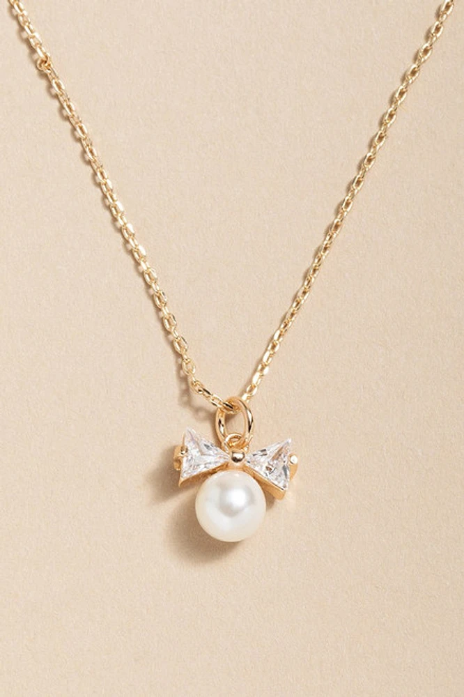 Laurie Crystal Bow With Pearl Pendant Necklace