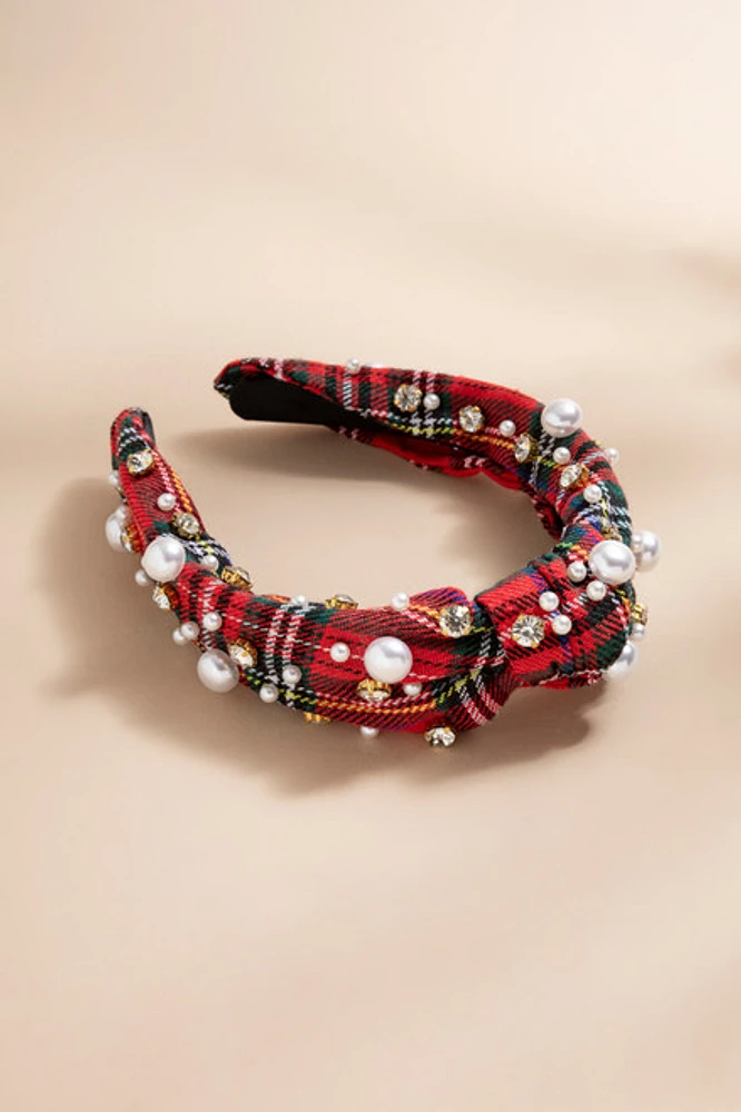 Anne Plaid Pearl Embellished Knot Headband