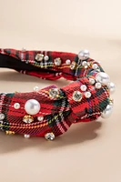 Anne Plaid Pearl Embellished Knot Headband