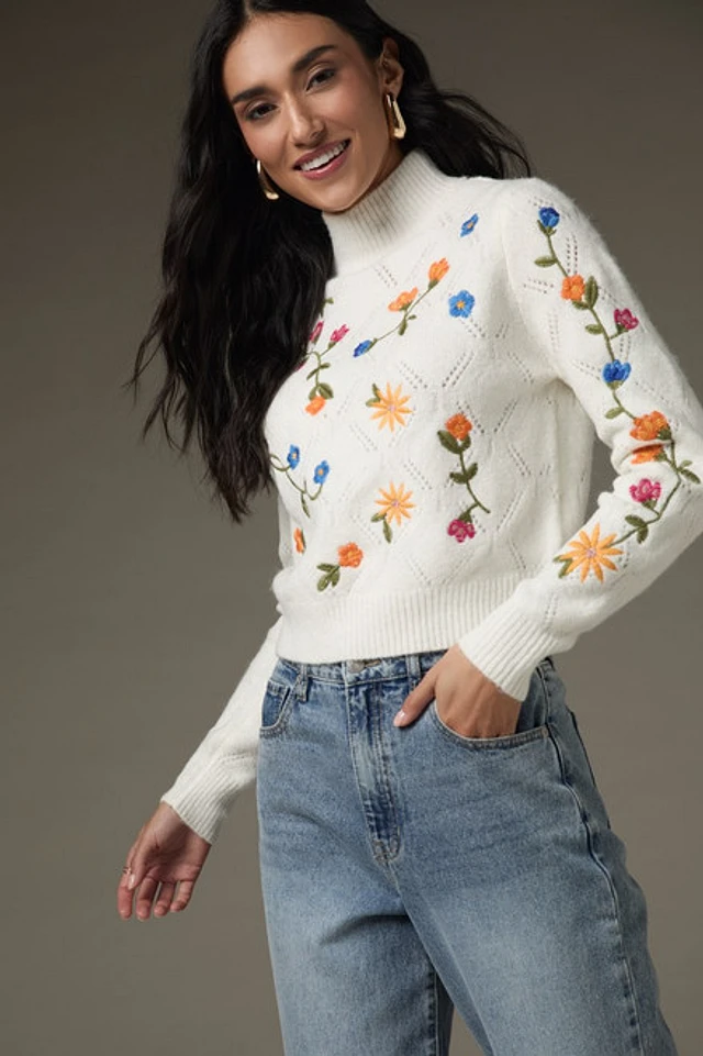 Francesca's Abigail Floral Embroidered Pullover Sweater Liberty