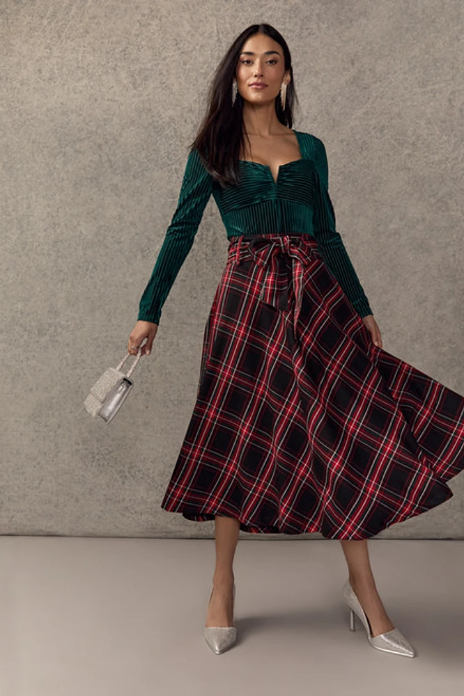 Carmella Tie Front Plaid Midi Skirt