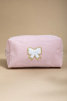 Bow Embellished Corduroy Cosmetic Bag