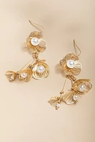 Ora Brushed Flower Pearl Center Drop Earrings