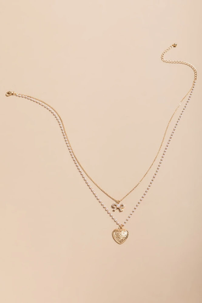 Christie Vintage Heart And Bow Layered Pendant Necklace