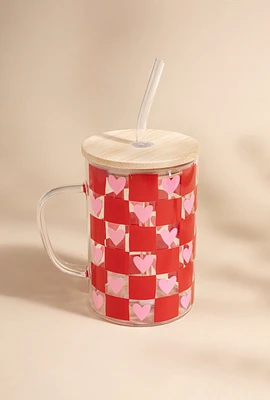 Simone Heart Pattern 15oz Glass With Straw Lid