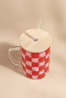 Simone Heart Pattern 15oz Glass With Straw Lid