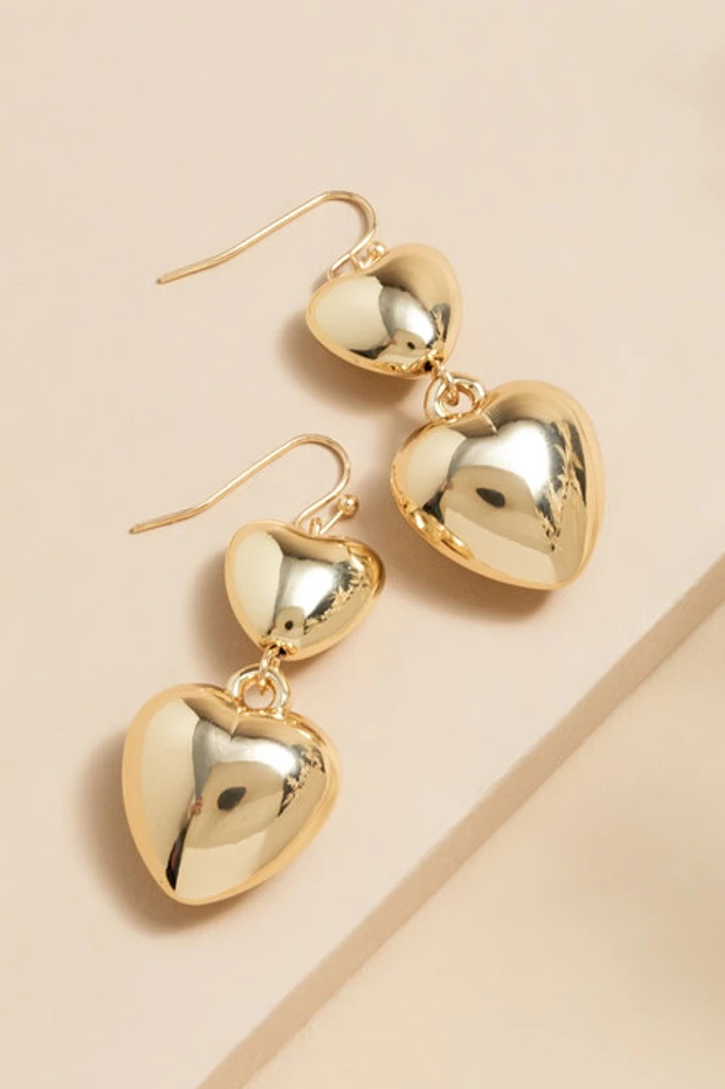 Heather Double Puffy Heart Drop Earrings