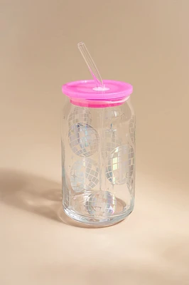 Jill Disco Glass Can With Straw Lid