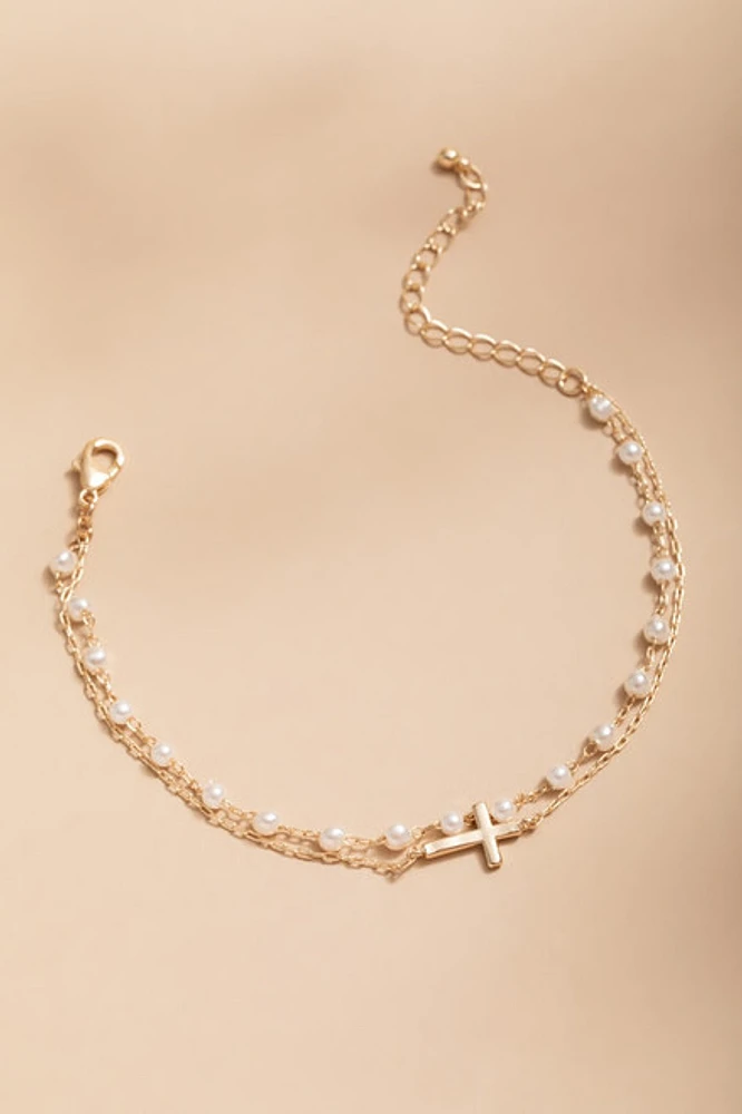 Naomi Pearl And Cross Layered Bracelet