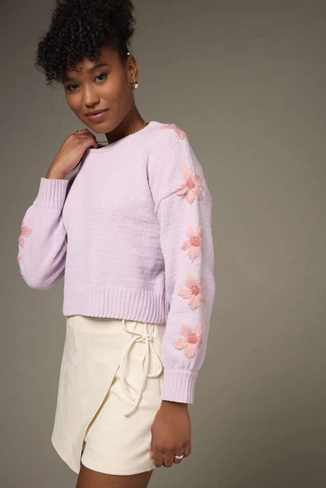 Angelica Flower Embroidered Sleeve Sweater