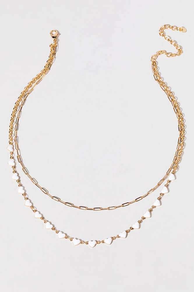 Janice White Heart Station Layered Gold Chain Necklace