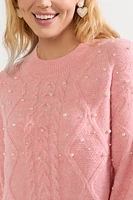 Elsa Pearl Embellished Cable Sweater Mini Dress