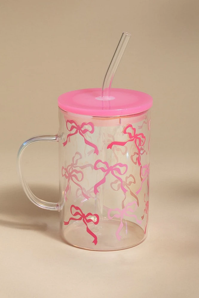 Pink Bow Pattern 15oz Glass With Handle