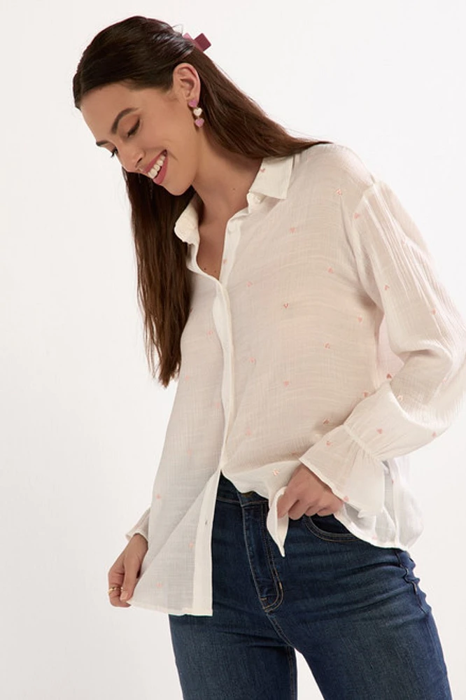 May Heart Embroidered Button Down Top