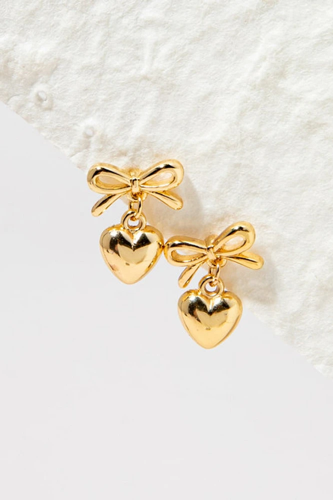 Katherine Golden Heart Charm On Bow Drop Earrings